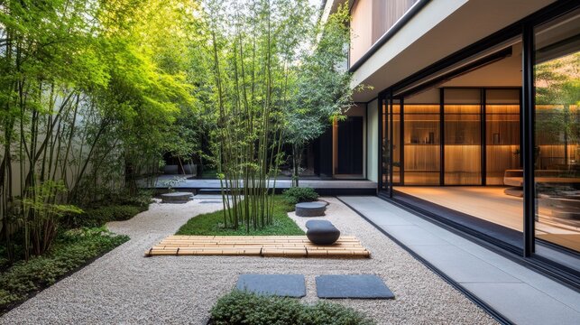 A minimalist Japanese garden with simple bamboo elements raked gravel and sparse greenery creating a peaceful vibe