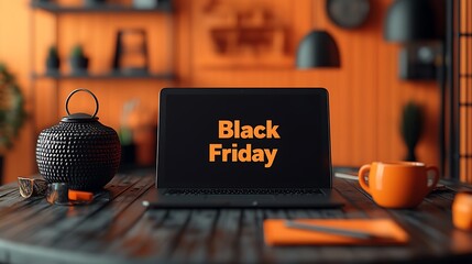 A flat, minimalist scene of an open laptop with nothing but a bold "Black Friday" message on the screen 