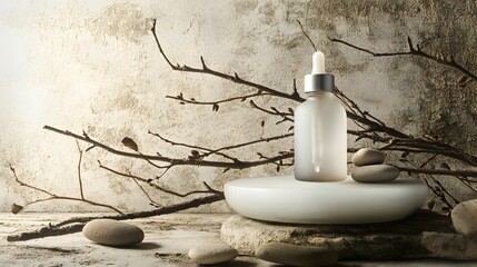 Glass Bottle with Dropper on Stone and Branch Background