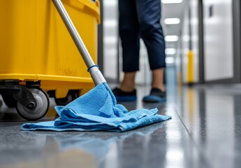 Office hallway scene with a person mopping the floor using blue cloths, positioned next to a yellow cleaning cart. Bright lighting and natural daylight