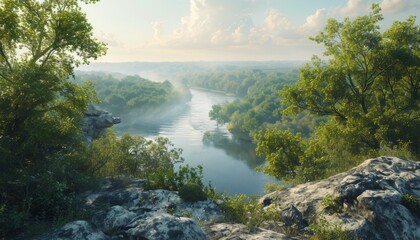 Bird’s-eye view of a winding river flowing through a dense forest. 🌳💦 Captures the beauty and serenity of nature’s untouched landscapes.