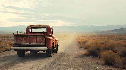 An old pickup truck driving along a dusty desert road under a bright blue sky.