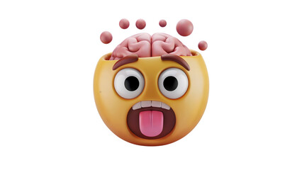 A 3D rendering of a mindblown emoji with a surprised or shocked expression, showing its brain popping out of its head, tongue sticking out, and eyes wide open