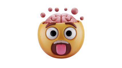 A 3D rendering of a mindblown emoji with a surprised or shocked expression, showing its brain popping out of its head, tongue sticking out, and eyes wide open