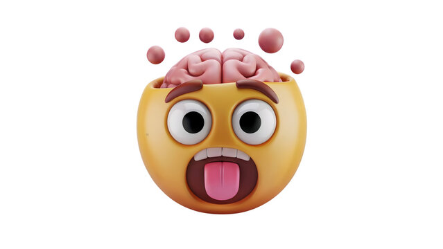 A 3D rendering of a mindblown emoji with a surprised or shocked expression, showing its brain popping out of its head, tongue sticking out, and eyes wide open