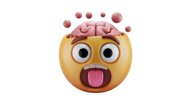 A 3D rendering of a mindblown emoji with a surprised or shocked expression, showing its brain popping out of its head, tongue sticking out, and eyes wide open
