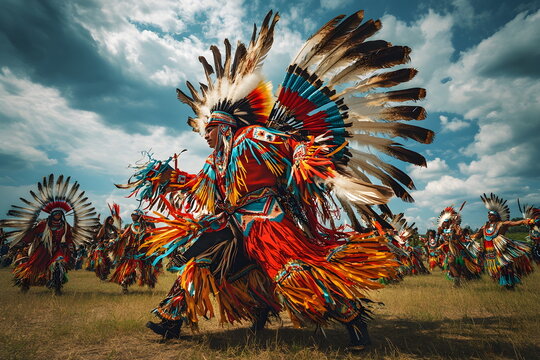 A Native American dance traditional costumes performing. Their clothing are vividly expressed as they move to the beat of drums, emphasizing the deep connection between culture and the environment.