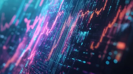 Obraz premium Dynamic digital stock market trends visualized through vibrant neon-colored data lines depicting fluctuations and movements over time