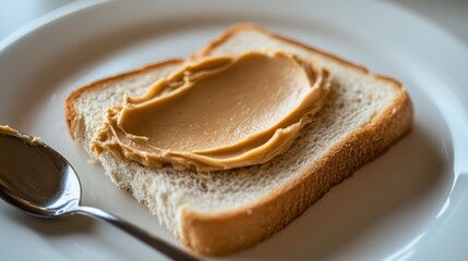 Close-up of a slice of white bread spread with peanut butter and mayonnaise, resting on a white plate. A spoon sits beside it, ready for more texture