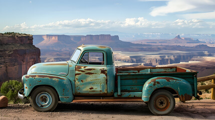 Retro pickup truck parked overlooking scenic view with mountains, trees, and cloudy skies.