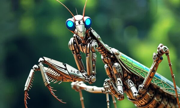 a robotic praying mantis is on a tree branch