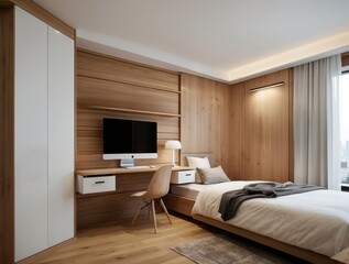 Modern bedroom with wood paneling, white bed, and desk area.