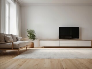Fototapeta premium Minimalist Living Room with White Sofa and TV Stand