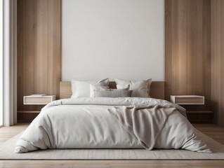 Minimalist Bedroom Interior with a White Bed and Wooden Accents