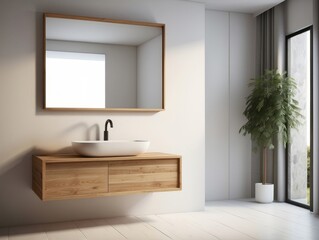 Modern Bathroom Vanity with Sink, Mirror, and Plant