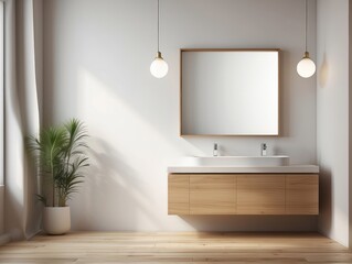 Minimalist Bathroom with Wooden Vanity and Mirror