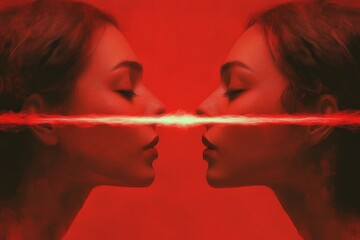 Fototapeta premium Mental processor Memory center Two faces connected by glowing energy waves symbolizing communication connection and the transfer of thoughts in a conceptual design
