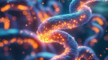 Abstract fungal tendrils wrapping around each other, releasing glowing spores, creating a dynamic and organic background