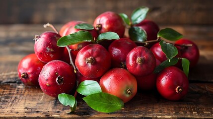 A small pile of Chilean guava fruits with their deep red color and rustic wooden surface adding a touch of natural texture perfect for food styling and healthy snacks