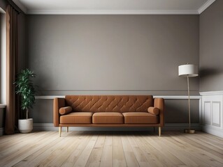 Brown Sofa in a Minimalist Living Room with a Floor Lamp