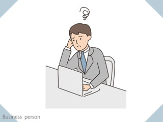 困った顔をした途方に暮れる、デスクワーク中のビジネスマンのイラスト