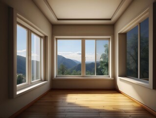Fototapeta premium Empty Room with Large Windows and Mountain View