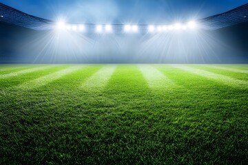 Obraz premium Green soccer field with white lines and spotlights, surrounded by stadium seats