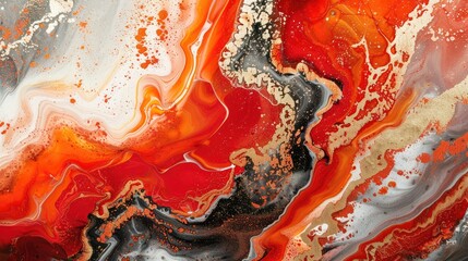 Red and coral fluid art with marble effect on canvas. Gradient orange acrylic splash with alcohol ink waves on stone backdrop.