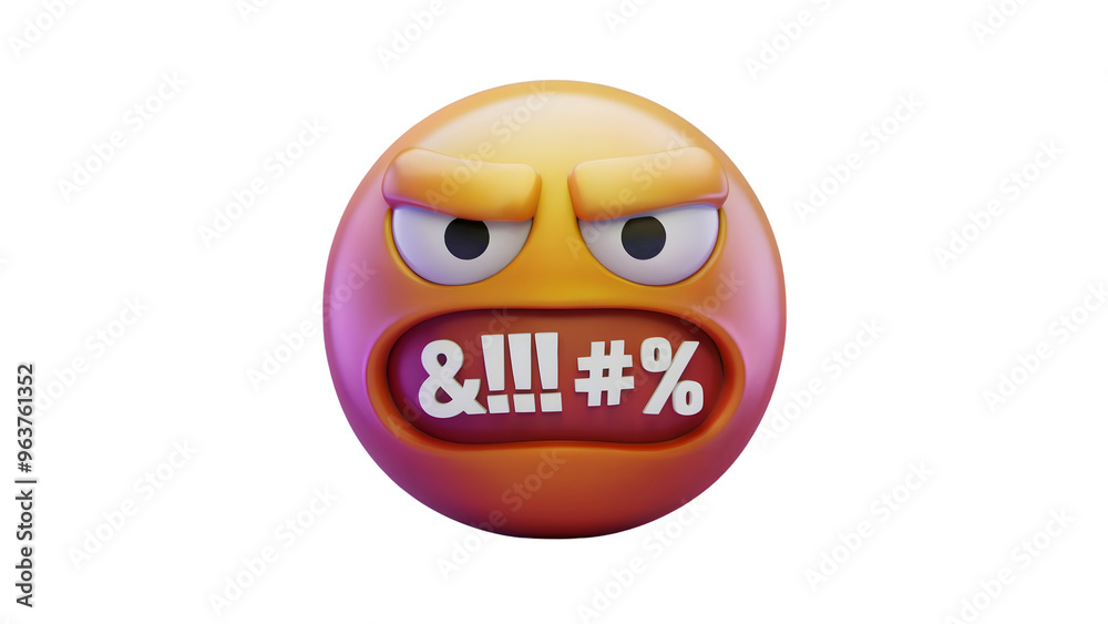 Fototapete a 3d rendering of an angry, glaring emoji with clenched teeth showing symbols like 