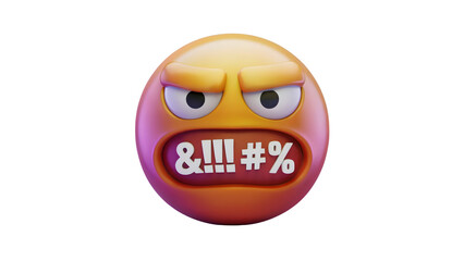 A 3D rendering of an angry, glaring emoji with clenched teeth showing symbols like "&!!!#%" representing censored or angry speech while cussing and cursing with profanity