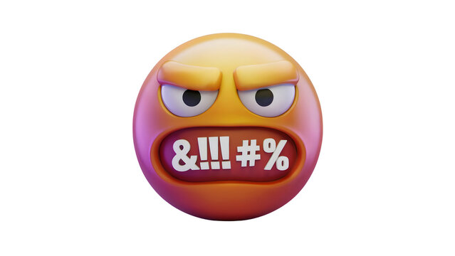A 3D rendering of an angry, glaring emoji with clenched teeth showing symbols like "&!!!#%" representing censored or angry speech while cussing and cursing with profanity