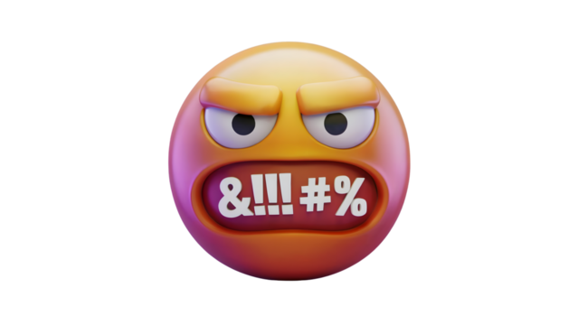 A 3D rendering of an angry, glaring emoji with clenched teeth showing symbols like "&!!!#%" representing censored or angry speech while cussing and cursing with profanity