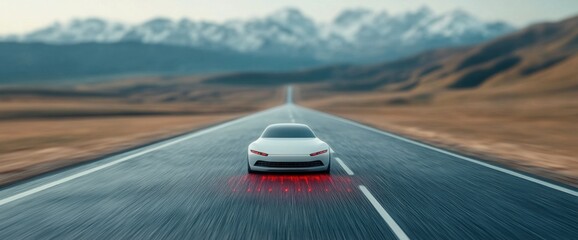 Obraz premium A futuristic car is driving down a long
