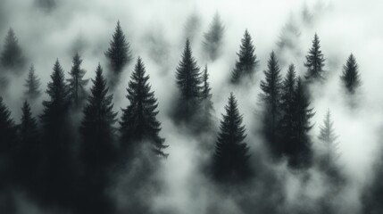 Obraz premium Misty pine forest in fog, moody landscape
