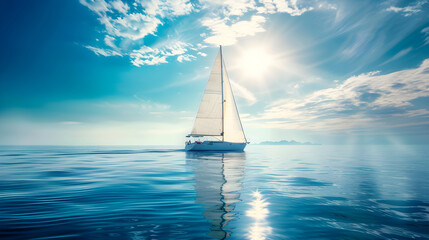Obraz premium A luxury yacht cruising peacefully through shimmering blue waters under a bright, cloudless sky.
