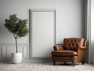 A Leather Armchair in a Minimalist Interior with a Blank Canvas