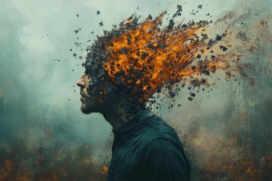 Neural synchronization brain puzzle Human head exploding with fiery particles symbolizing the overwhelming power of thoughts creativity and emotions in a conceptual surreal design