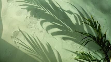 Stylish flat lay: Olive palm leaf shadow on green wall with sunlight