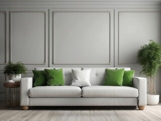 Fototapeta premium White Sofa with Green Pillows in a Modern Living Room