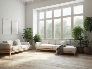 Minimalist Living Room with White Couches and Large Windows