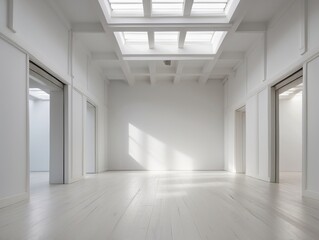 Obraz premium Empty White Room with Skylight and Sliding Doors