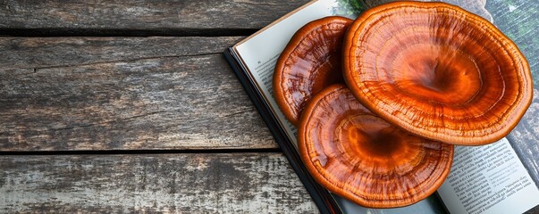 Red Reishi Mushrooms on a Wooden Surface and Book