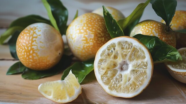A vibrant display of halved keule fruits showing their juicy white flesh arranged on a rustic wooden table with green leaves for a beautiful, fresh food composition