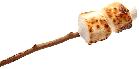 Close Up to a Toasted marshmallow PNG on a stick isolated on white and transparent background - Campfire treat Sweet marshmallow dessert