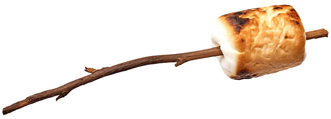 Close Up to a Toasted marshmallow PNG on a stick isolated on white and transparent background - Campfire treat Sweet marshmallow dessert