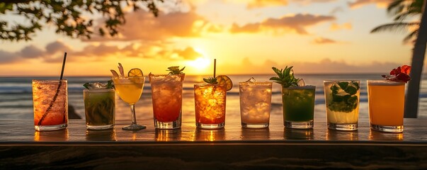 Cocktails at Sunset with Beach and Palm Trees in Background