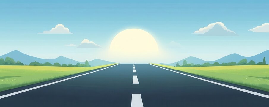 Vibrant flat design of a road extending into infinity, animated front view, capturing a sense of exploration