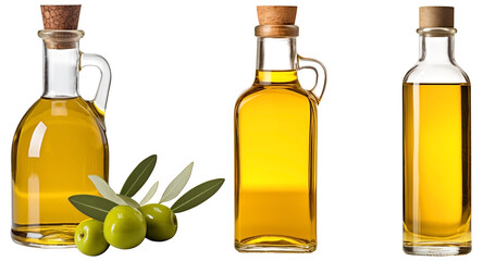 Set of Premium olive oil bottles PNG isolated on white and transparent background - Green  glass bottle full of Virgin oil packagingCulinary Healthy Oil mockup