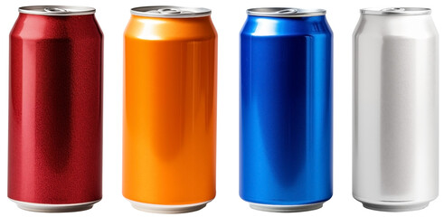 Front View to a Set of Aluminum Soda Cans PNG isolated on white and transparent background - Soft drink Carbonated Soda Beverage packaging Metal Can design Mockup