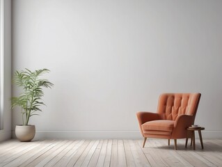 A Minimalist Interior Design with a Coral Armchair, a Side Table, and a Plant in a Pot